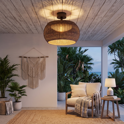 Isla Coffee woven rattan flush mount on covered patio ceiling