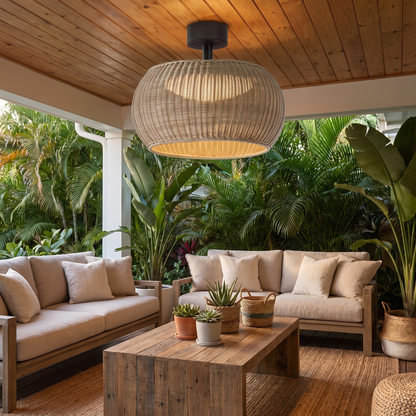 Isla Beige woven rattan flush mount on covered patio ceiling