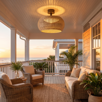 Isla Beige woven rattan flush mount on covered porch ceiling at sunset