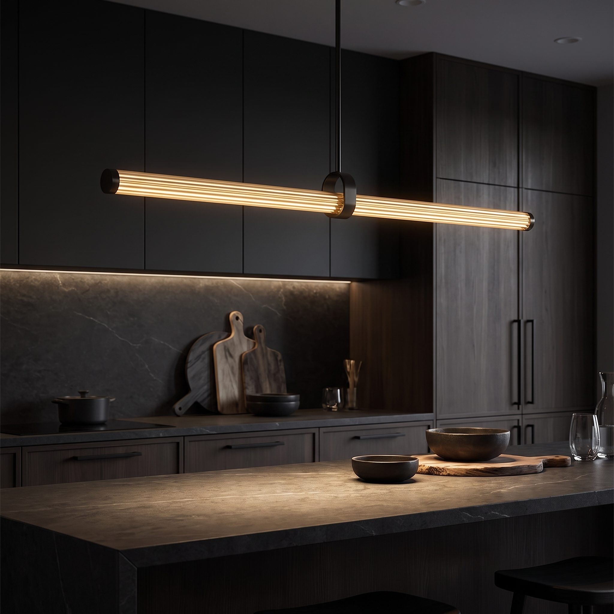 Rialto linear pendant over dark moody kitchen island