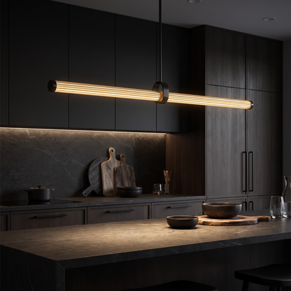 Rialto linear pendant over dark moody kitchen island