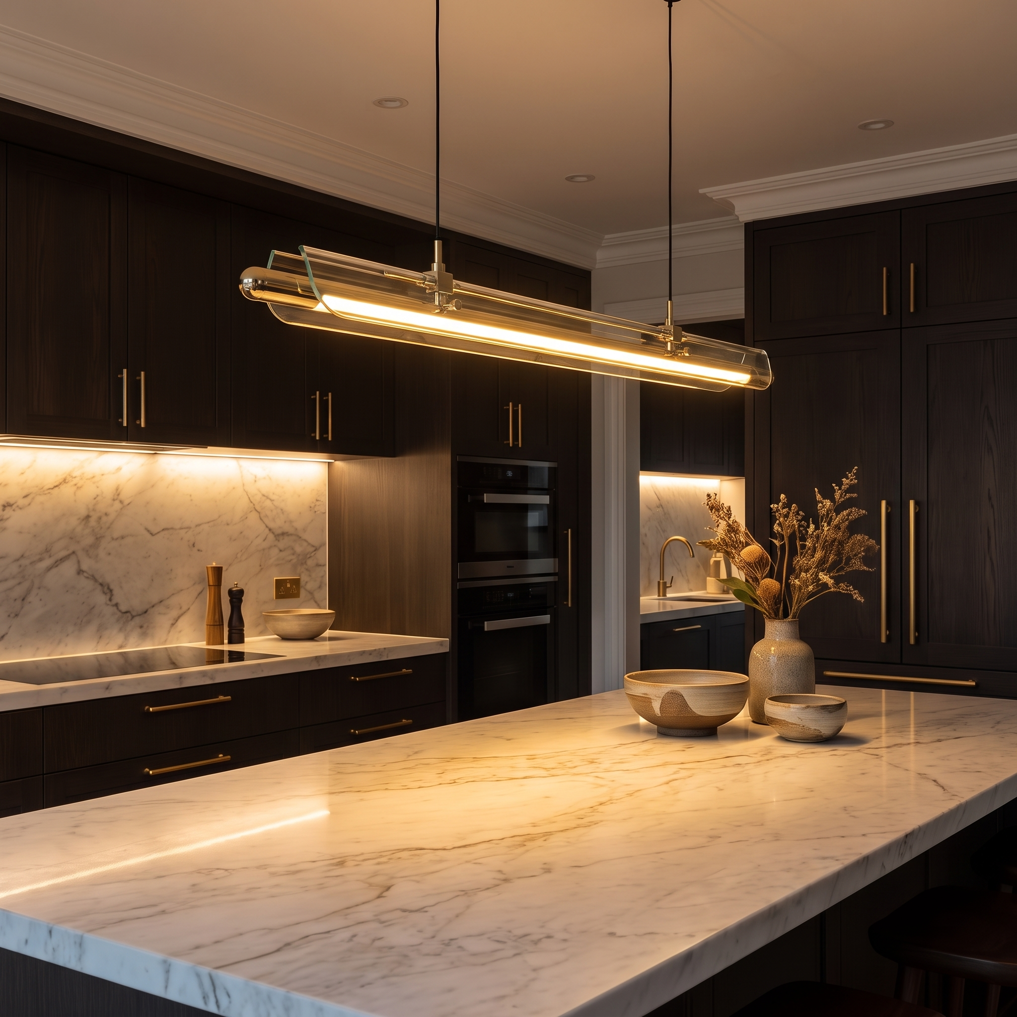 Werner Bauhaus linear pendant over white marble kitchen island