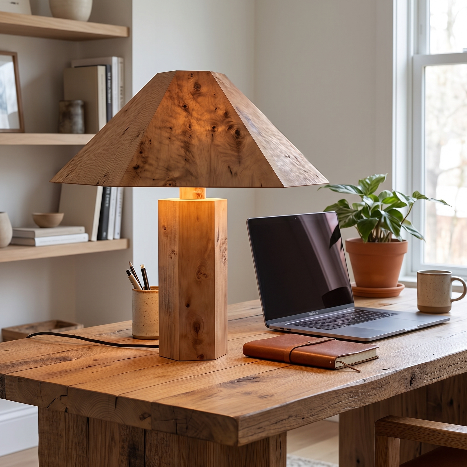 Rowan burl wood lamp on home office desk