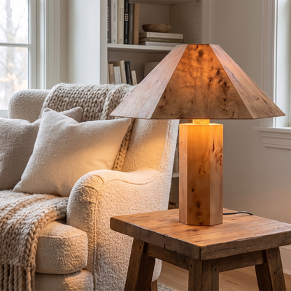 Rowan burl wood lamp beside reading armchair