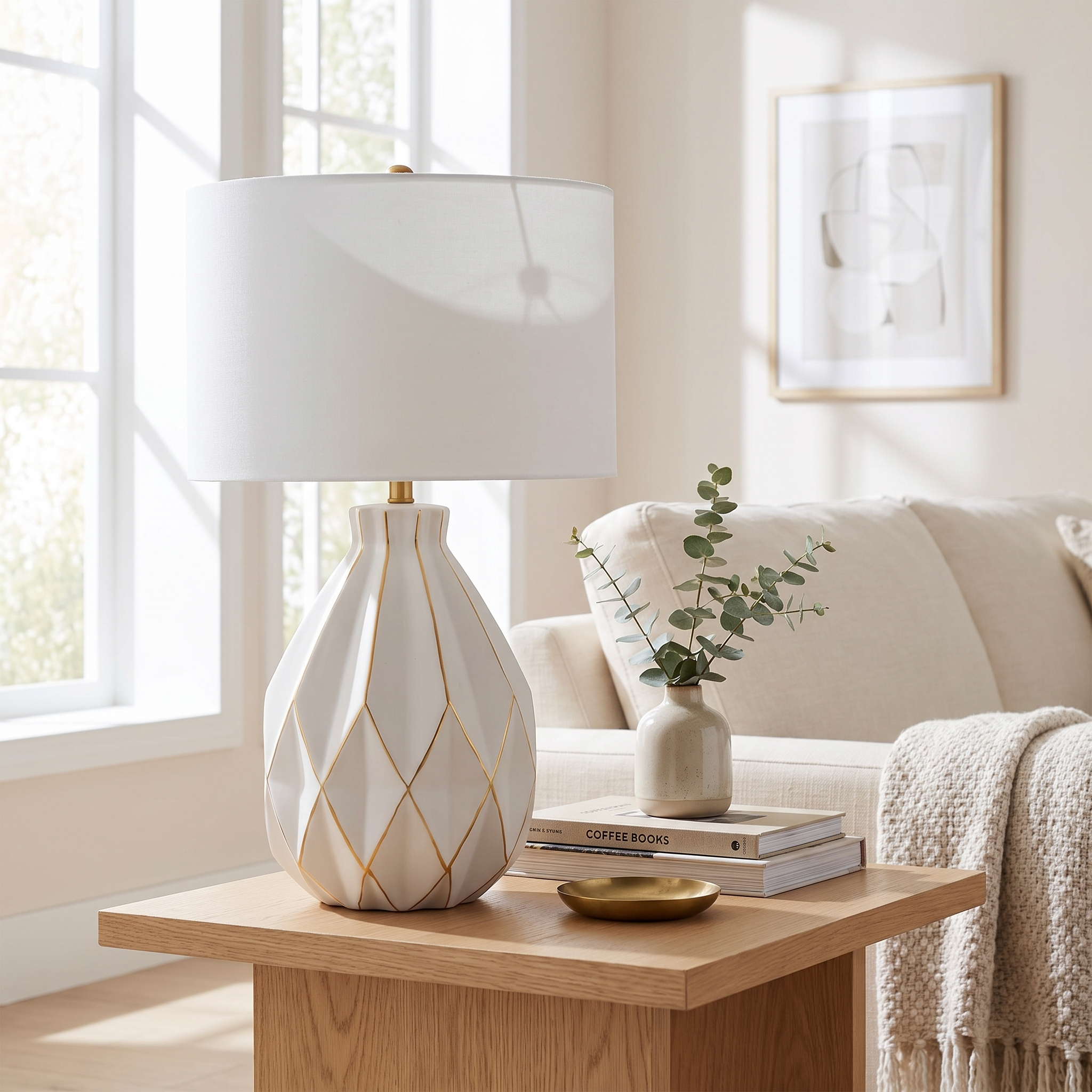 Clara white ceramic lamp on living room side table