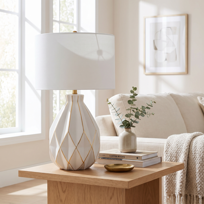 Clara white ceramic lamp on living room side table