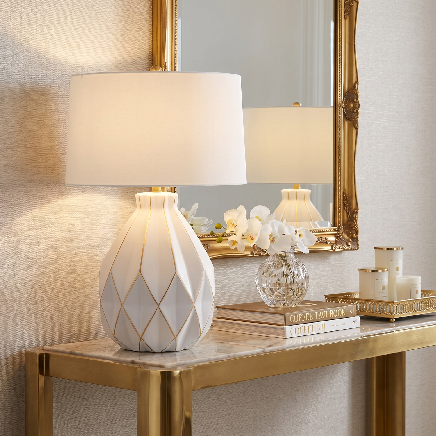 Clara white ceramic lamp on entryway console