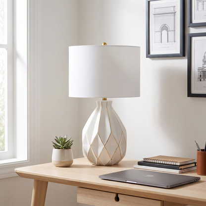 Clara white ceramic lamp on home office desk