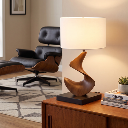 Mira sculptural walnut lamp on mid-century side table