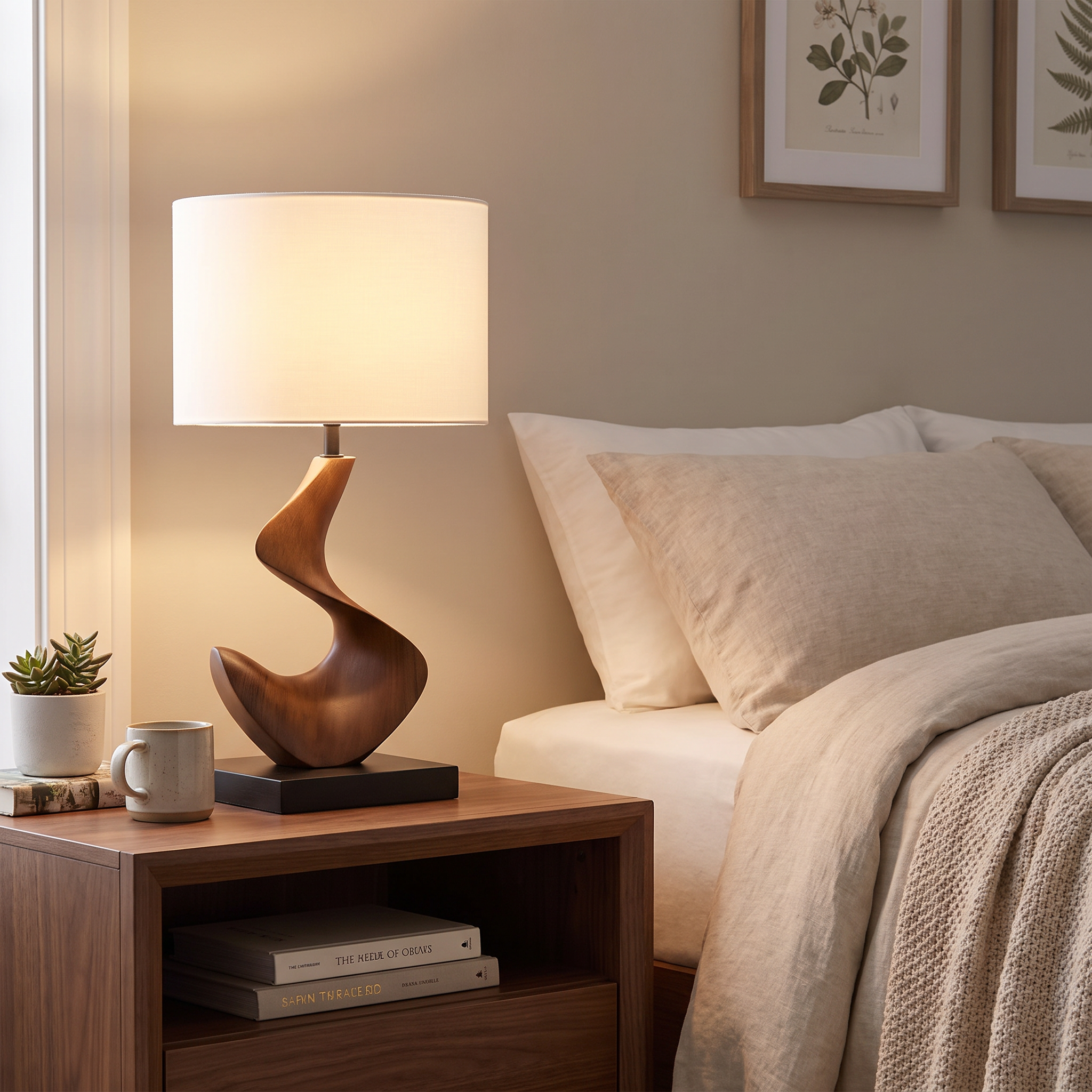 Mira sculptural walnut lamp on bedroom nightstand