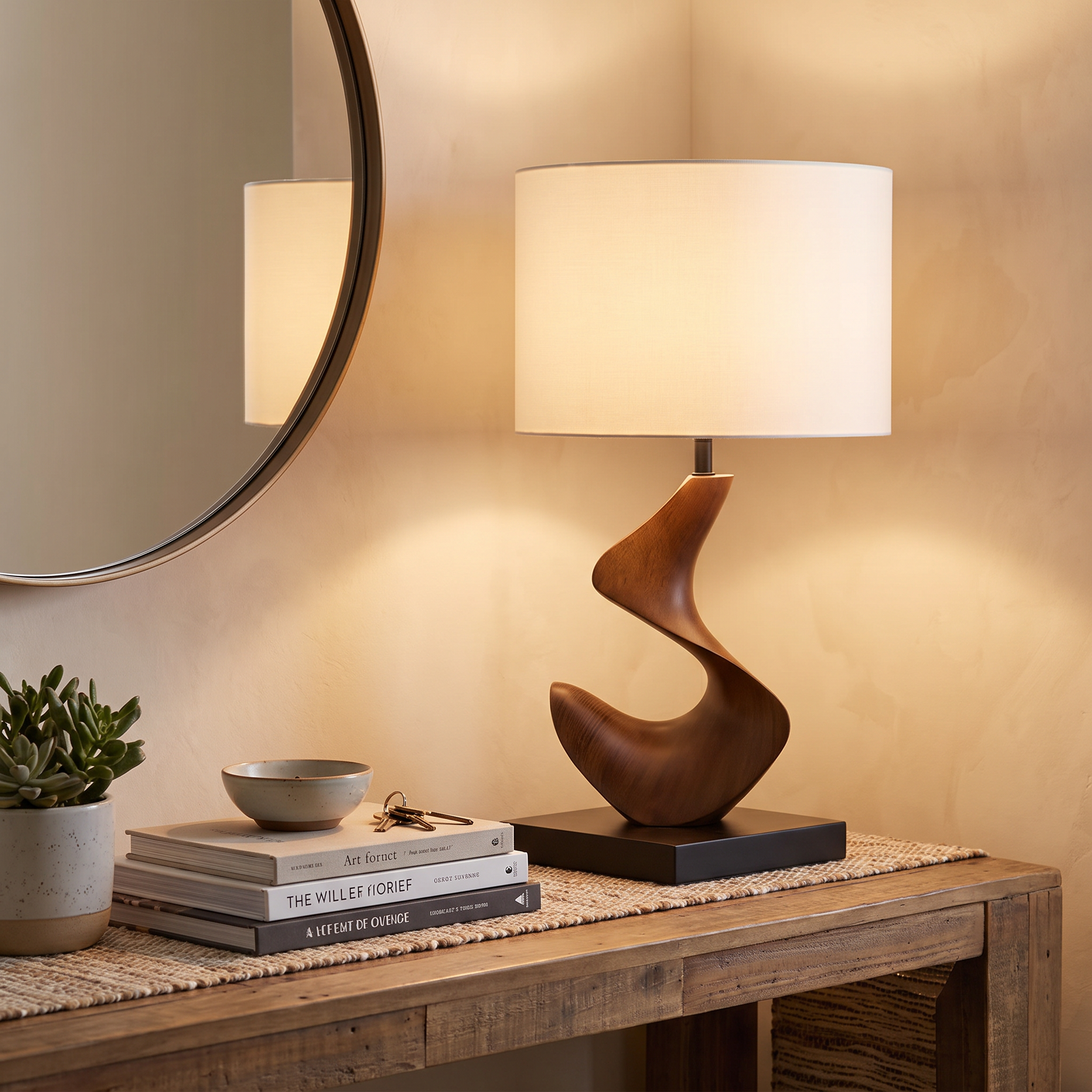 Mira sculptural walnut lamp on entryway console
