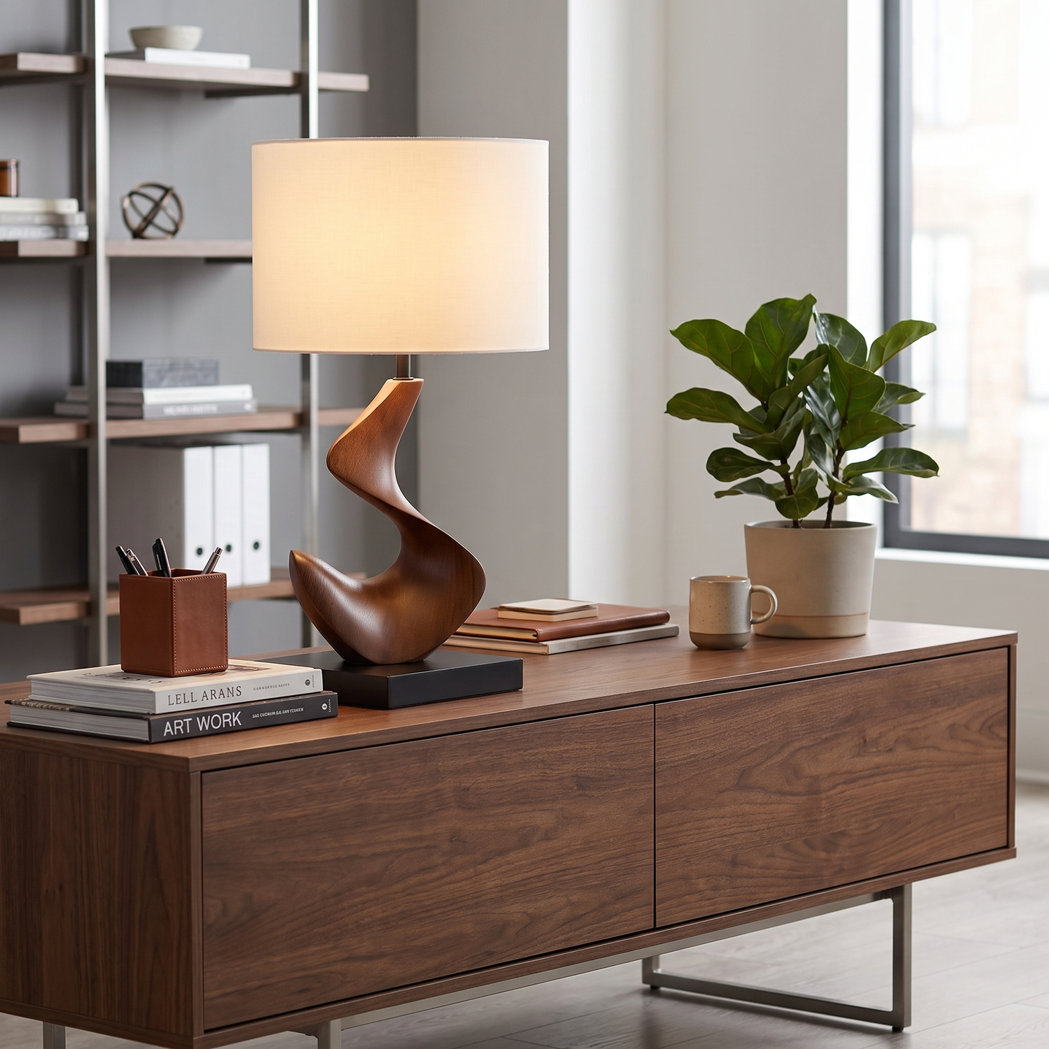 Mira sculptural walnut lamp on office credenza