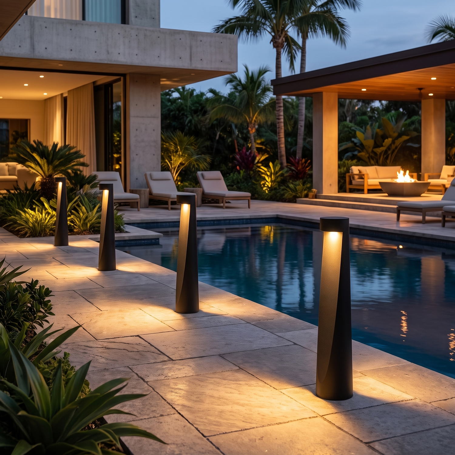 Fenn path bollard in poolside landscaping