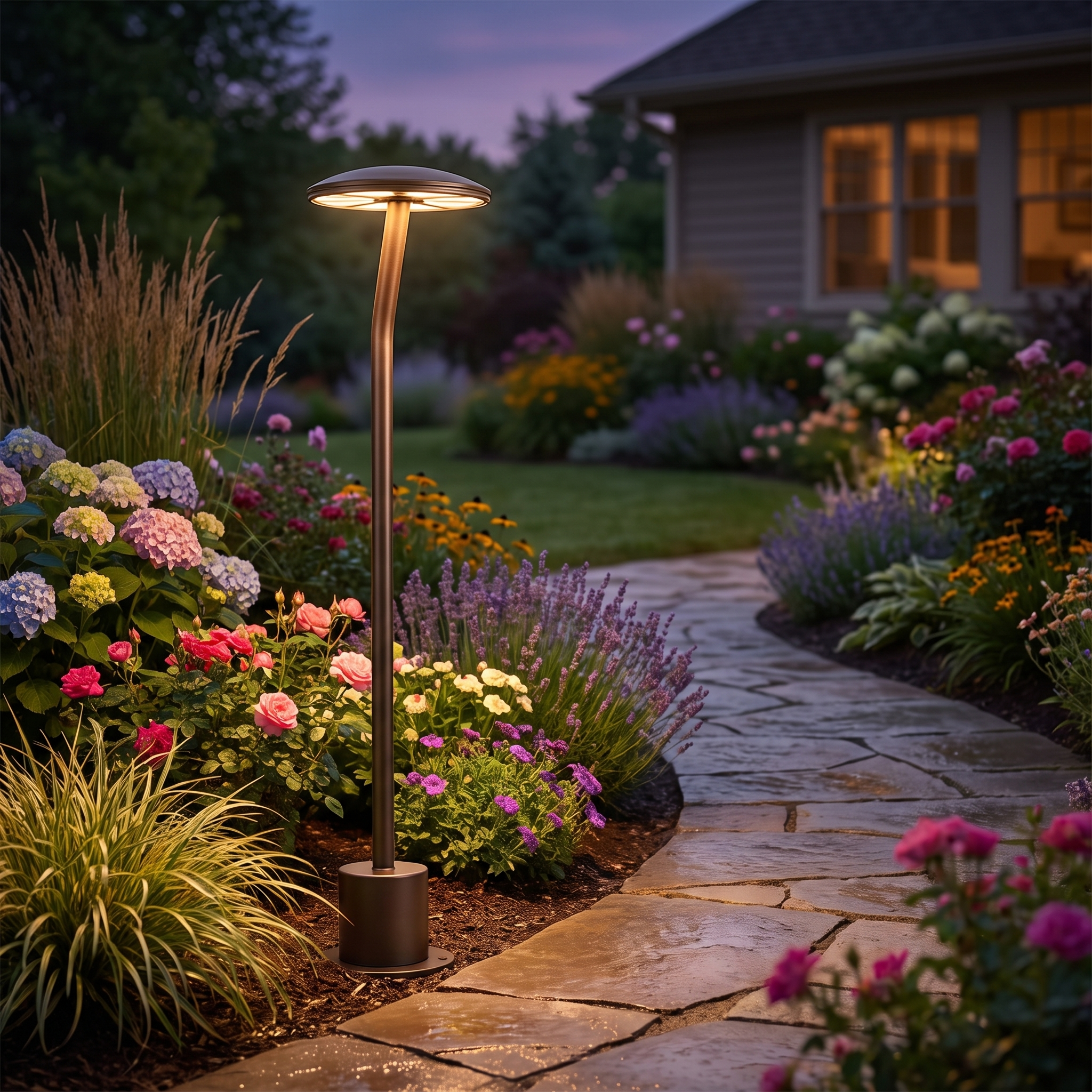 Bram bronze path light along backyard path among flowers