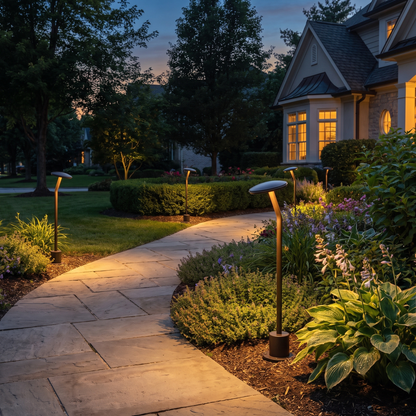 Bram bronze path light lining front yard walkway at twilight