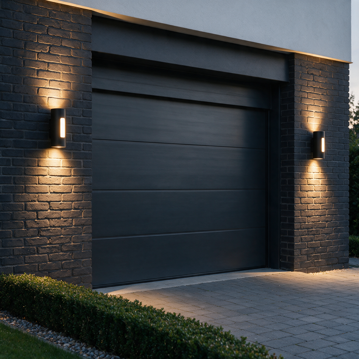 Pair of Halden up down wall lights flanking a modern garage door on a brick wall
