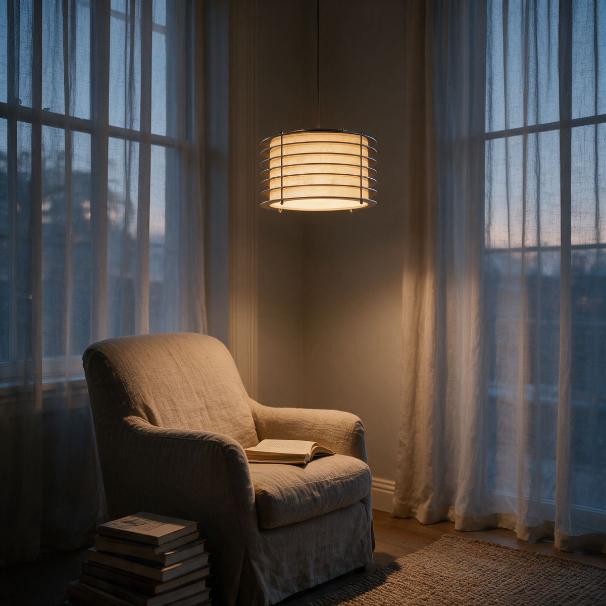 Selva pendant lighting a reading corner with a linen armchair beside a tall window