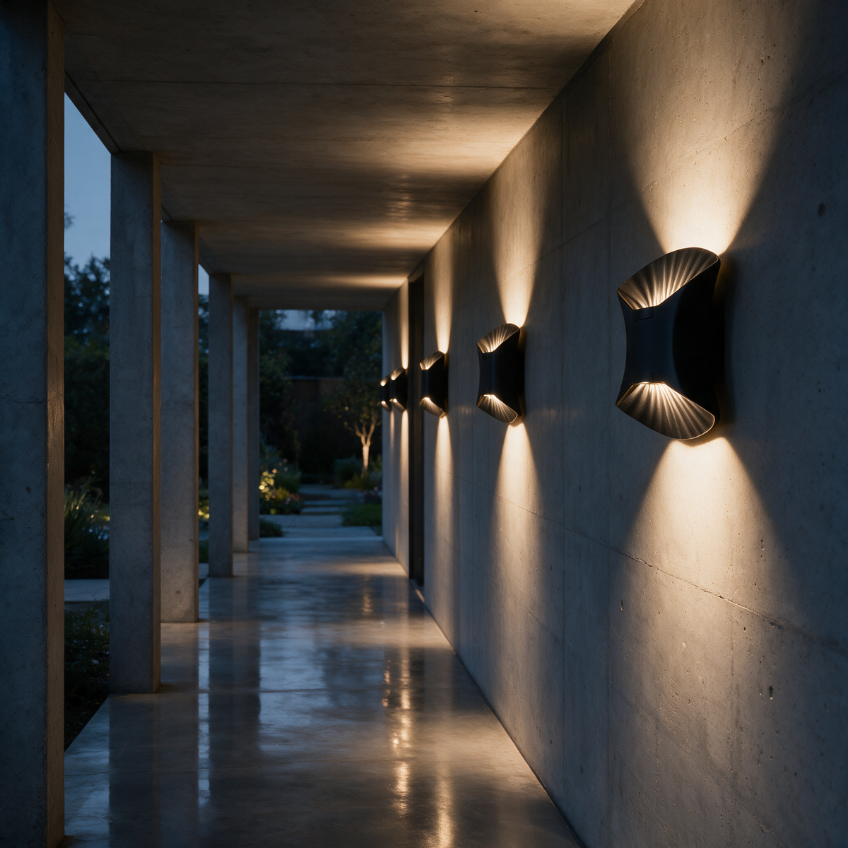 Row of Solene black wall lights along a covered outdoor corridor at evening