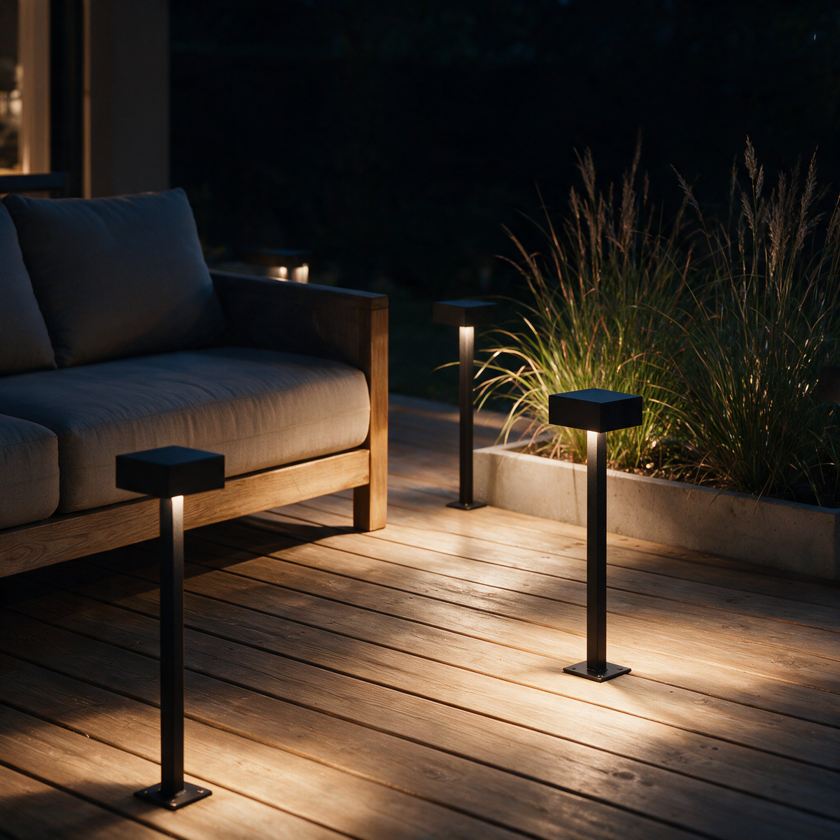 Rowan Style B path lights bordering a timber deck beside an outdoor sofa at night