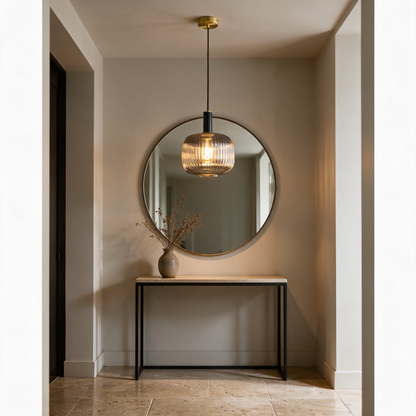 Wren Smoky Glass Pendant Light, Style A, above a console table in an entryway