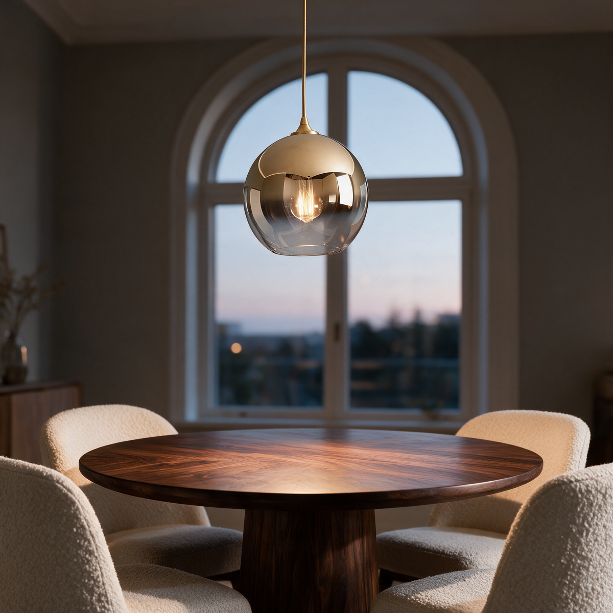 Bexley Glass Globe Pendant Light in Gold above a round walnut dining table by an arched window