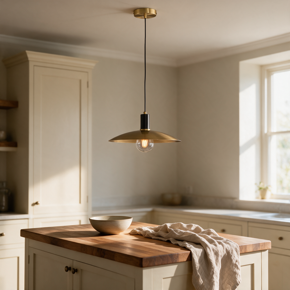 Ember Vintage Glass Brass Pendant Light above a butcher block kitchen island in warm morning light