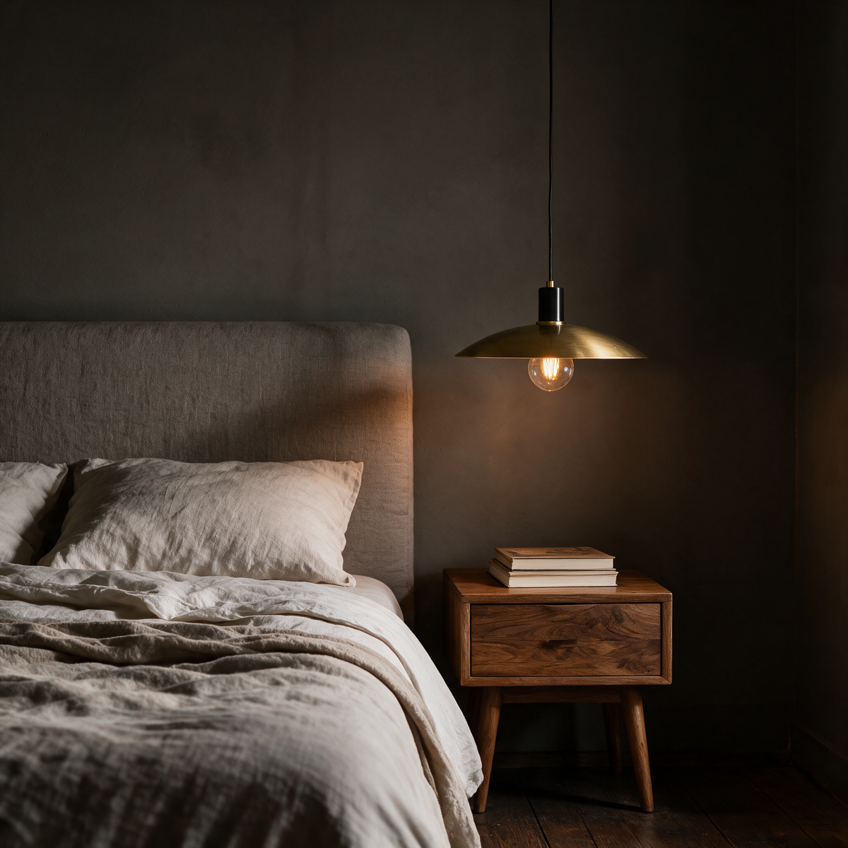 Ember Vintage Glass Brass Pendant Light as a bedside pendant in a moody bedroom
