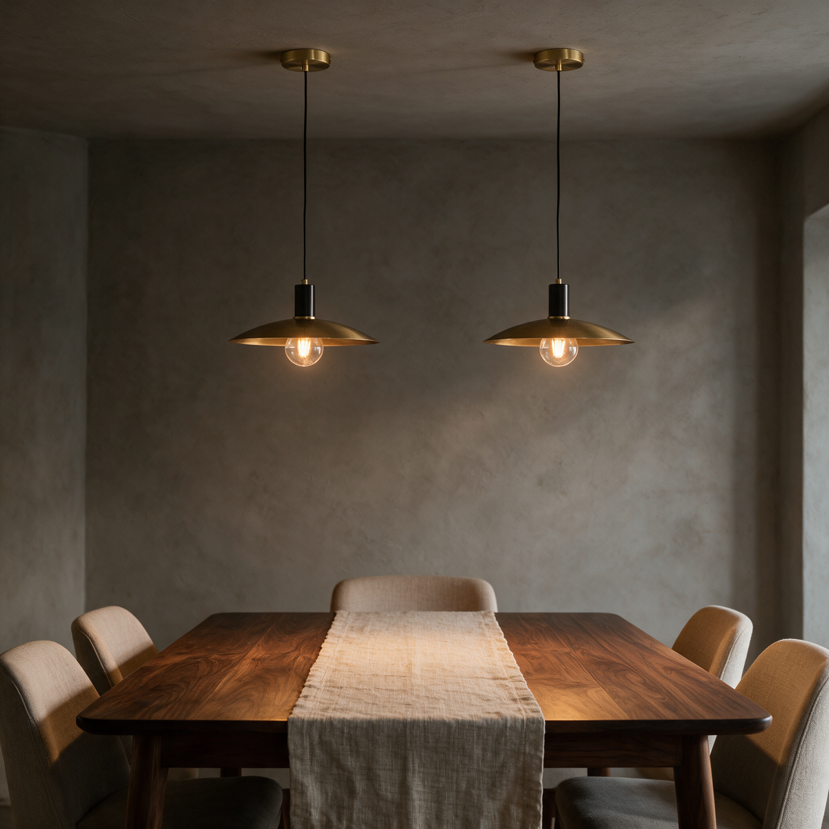 Ember Vintage Glass Brass Pendant Light hanging as a pair above a walnut dining table