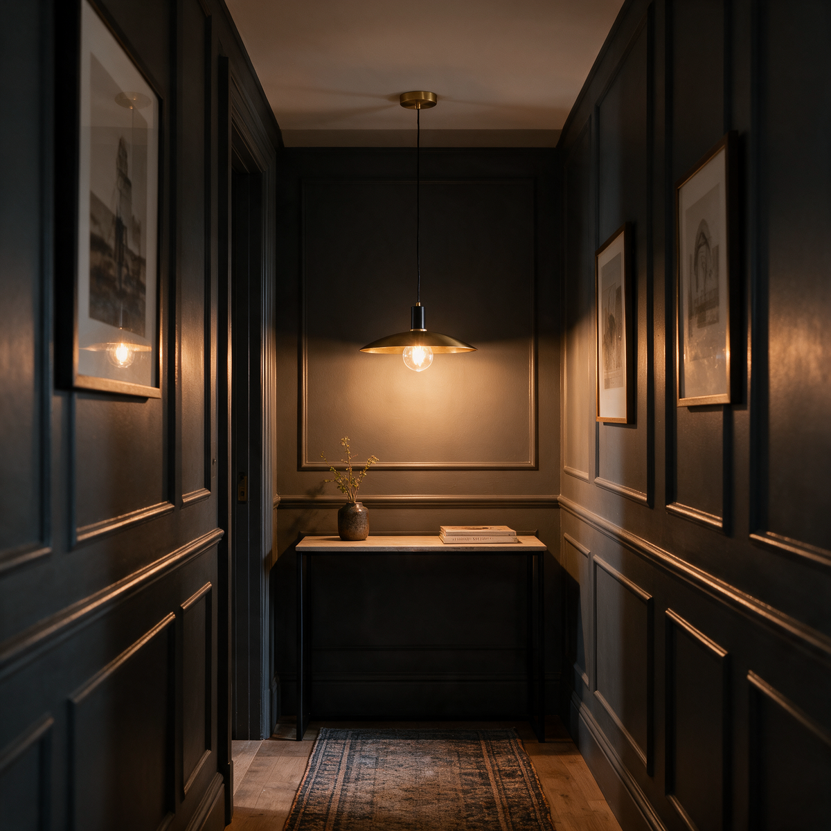 Ember Vintage Glass Brass Pendant Light in a hallway above a slim console table