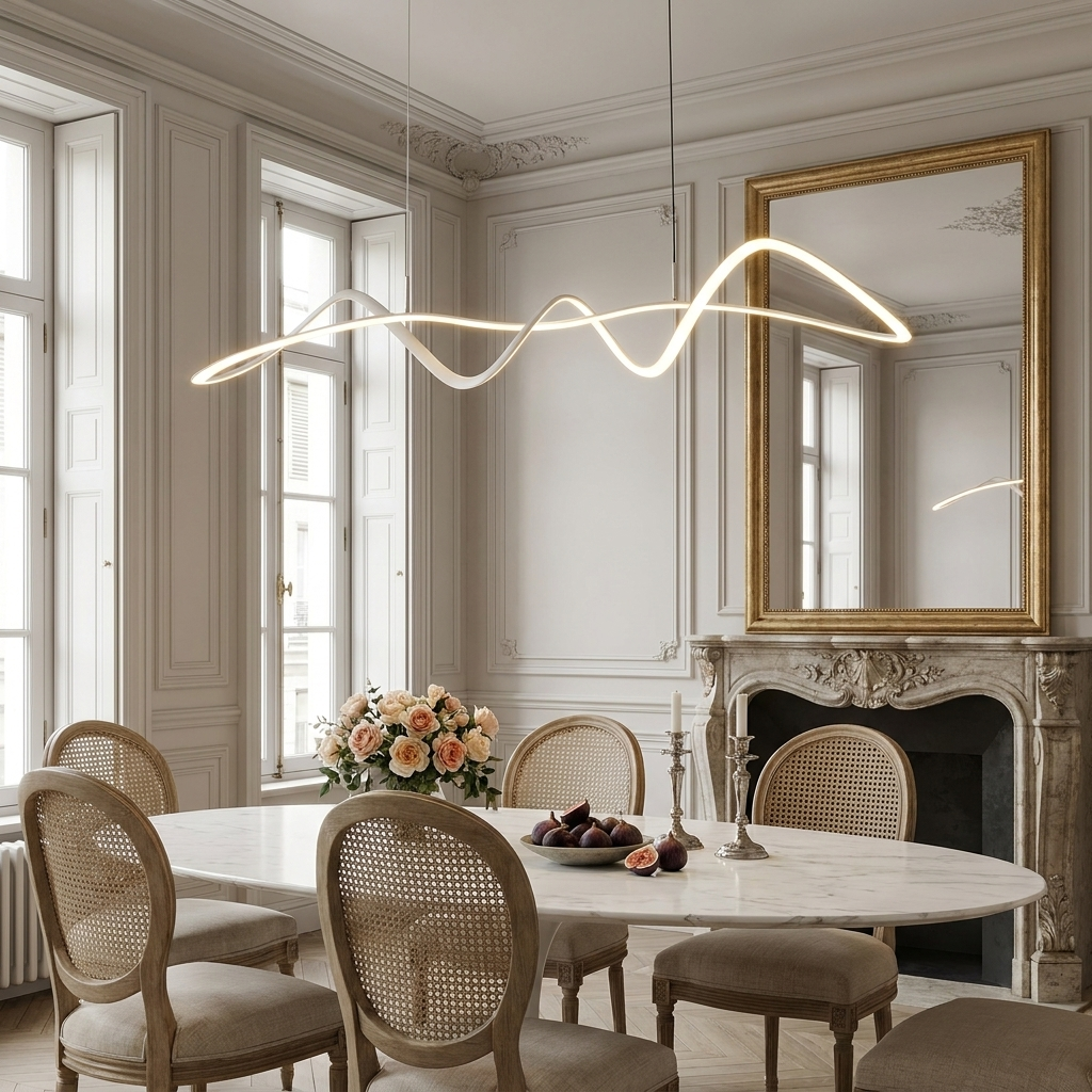 Wren white wave line LED chandelier over a French classic marble dining table