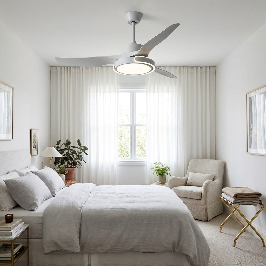 Kestral bright gray ceiling fan light in a calm guest suite