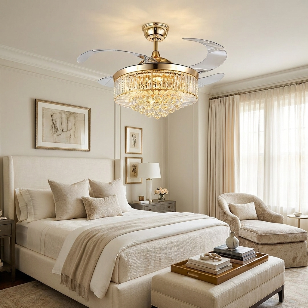 Amaury gold crystal cascade ceiling fan with light in an elegant guest suite