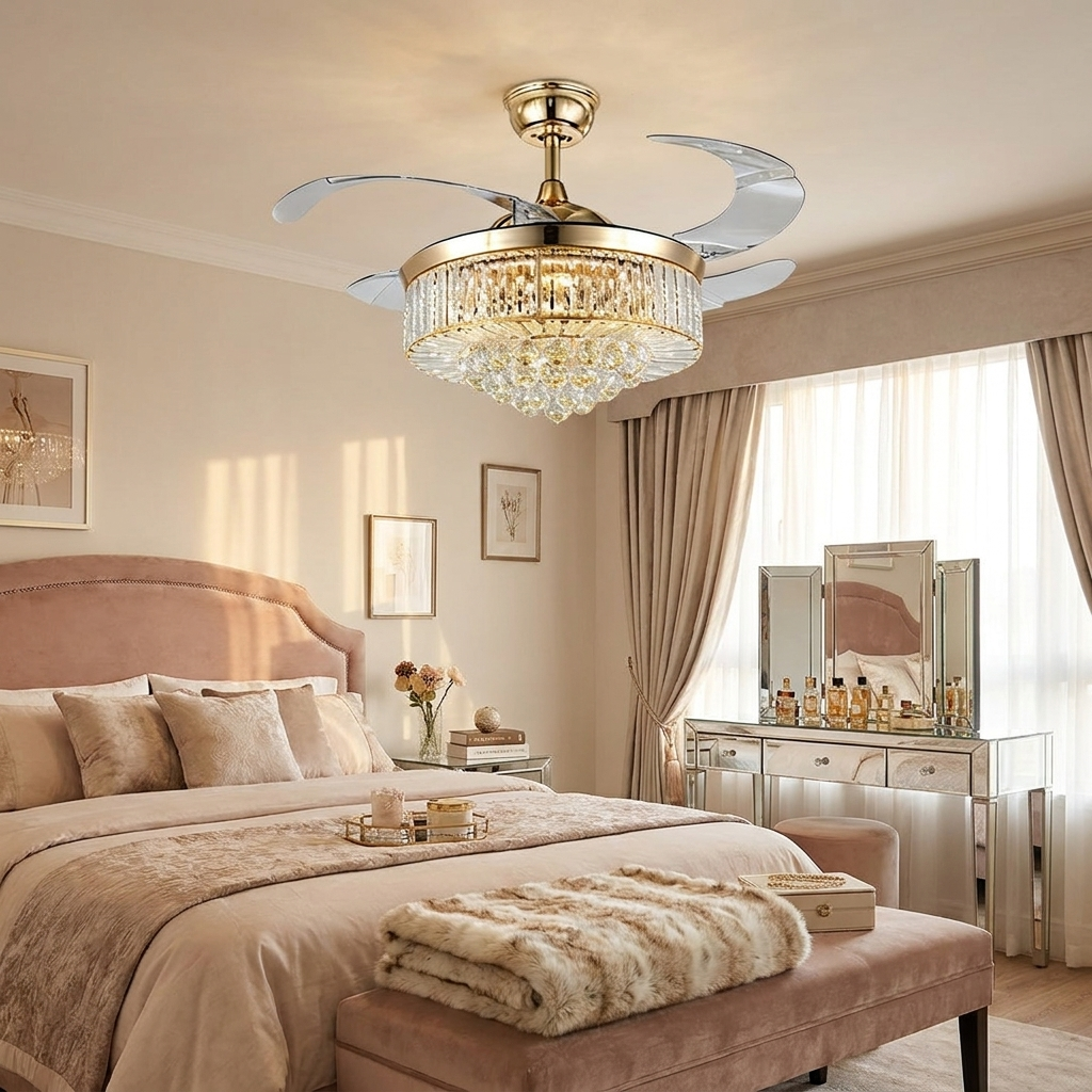 Amaury gold crystal cascade ceiling fan with light in a glamorous primary bedroom