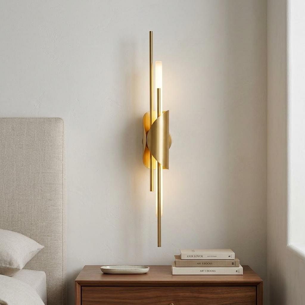 Verlaine natural brass linear wall sconce beside an upholstered headboard in a primary bedroom