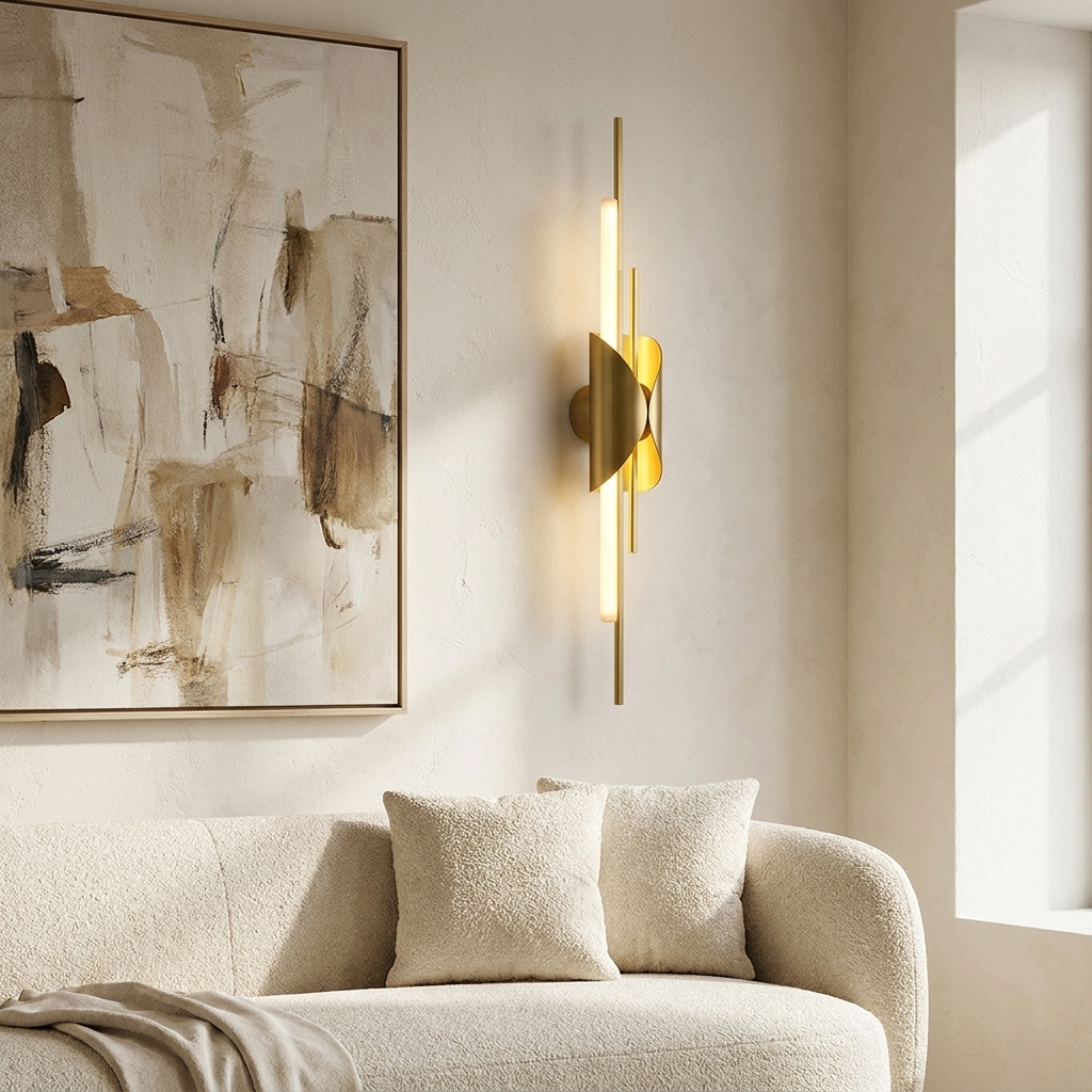 Verlaine natural brass linear wall sconce in a bright living room beside an abstract canvas