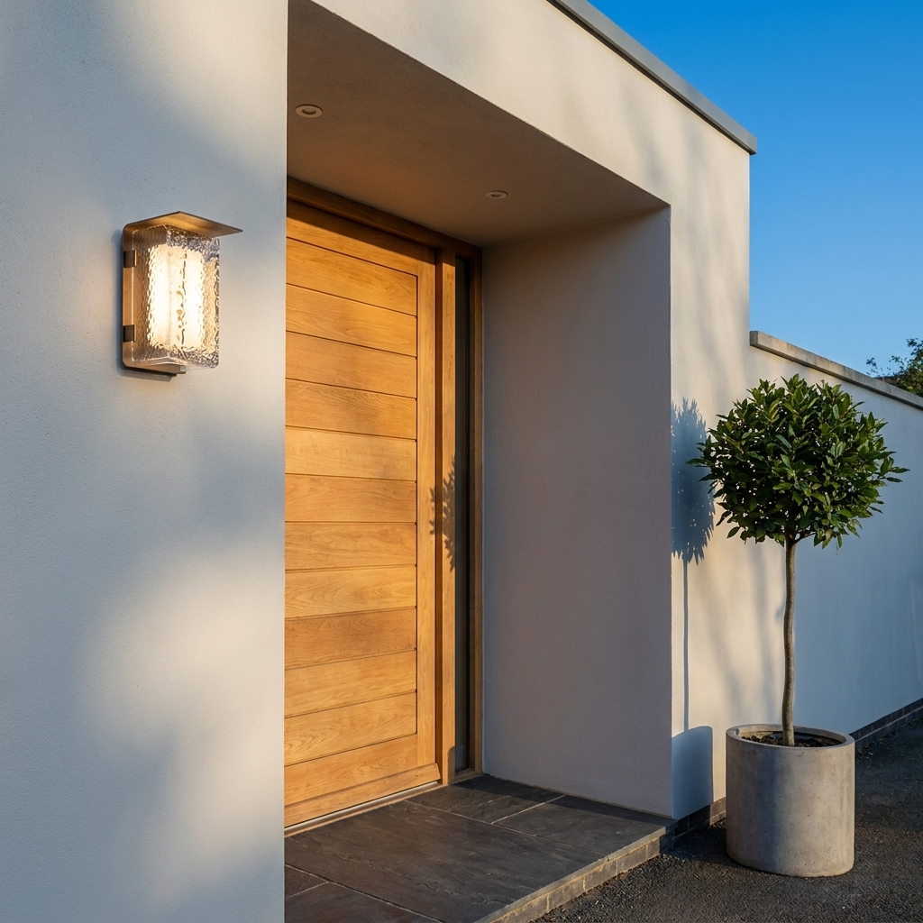 Tall solar outdoor wall sconce on grey rendered house facade beside oak front door in daylight