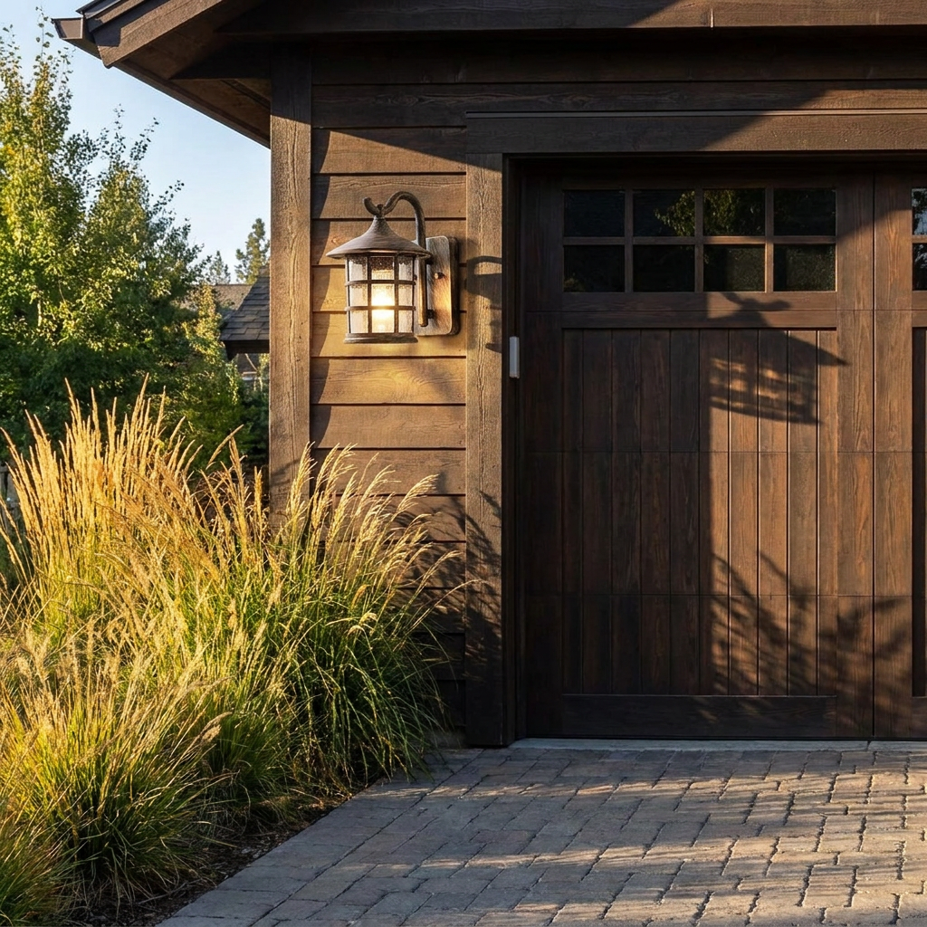 Antique bronze outdoor lantern on garage exterior above paved driveway