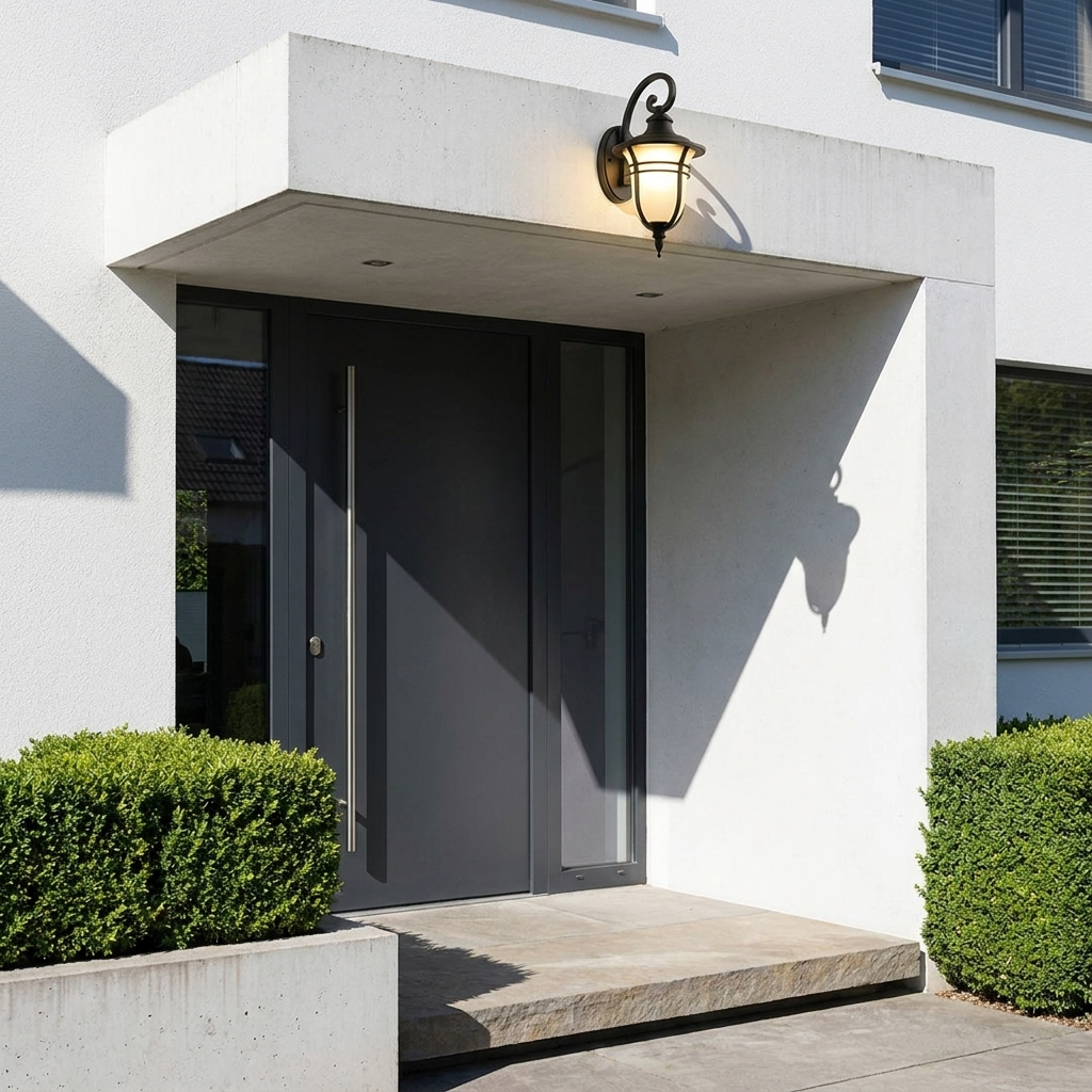 Black outdoor lantern sconce on modern white entry canopy above charcoal pivot door