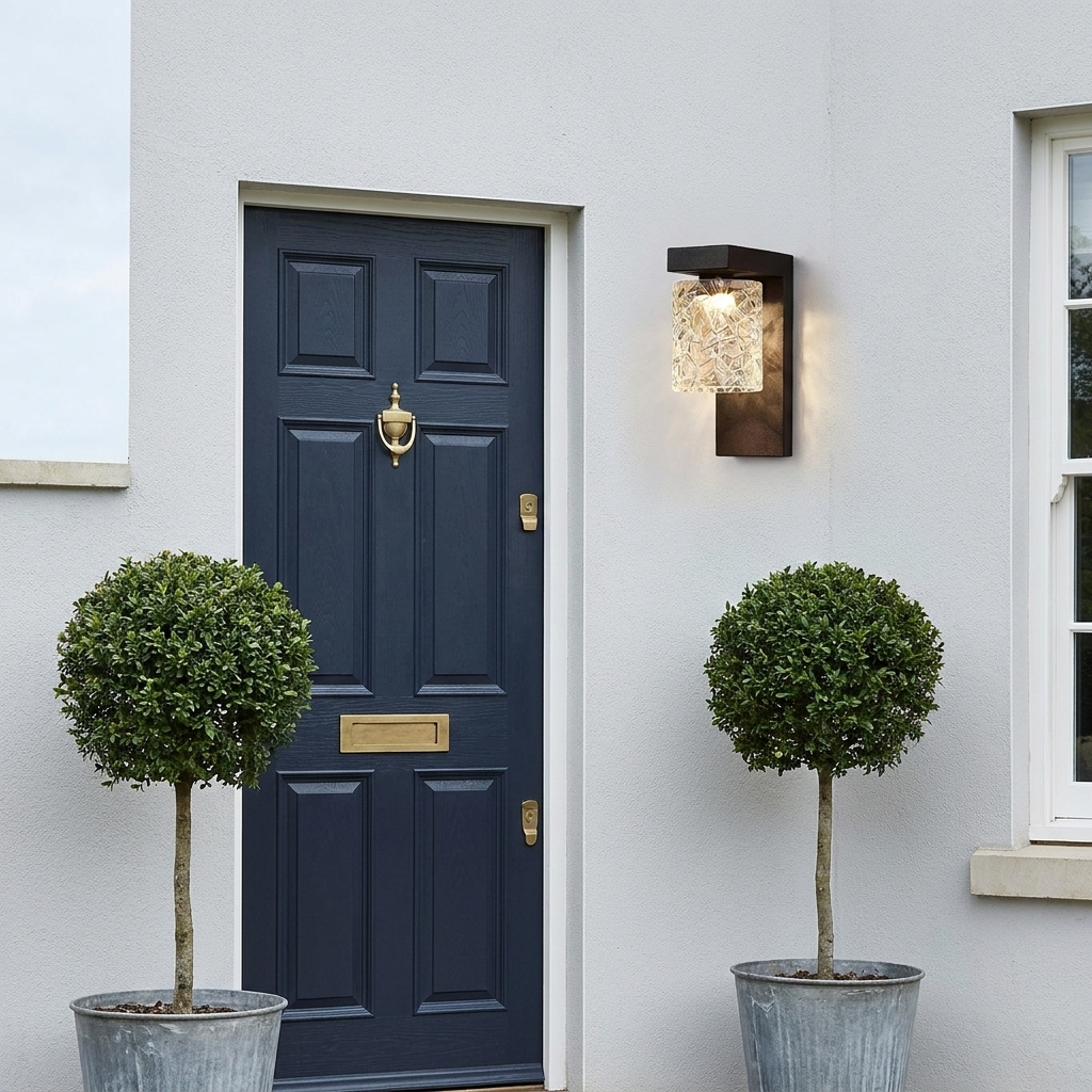 Black textured glass outdoor wall sconce on grey rendered facade beside navy front door