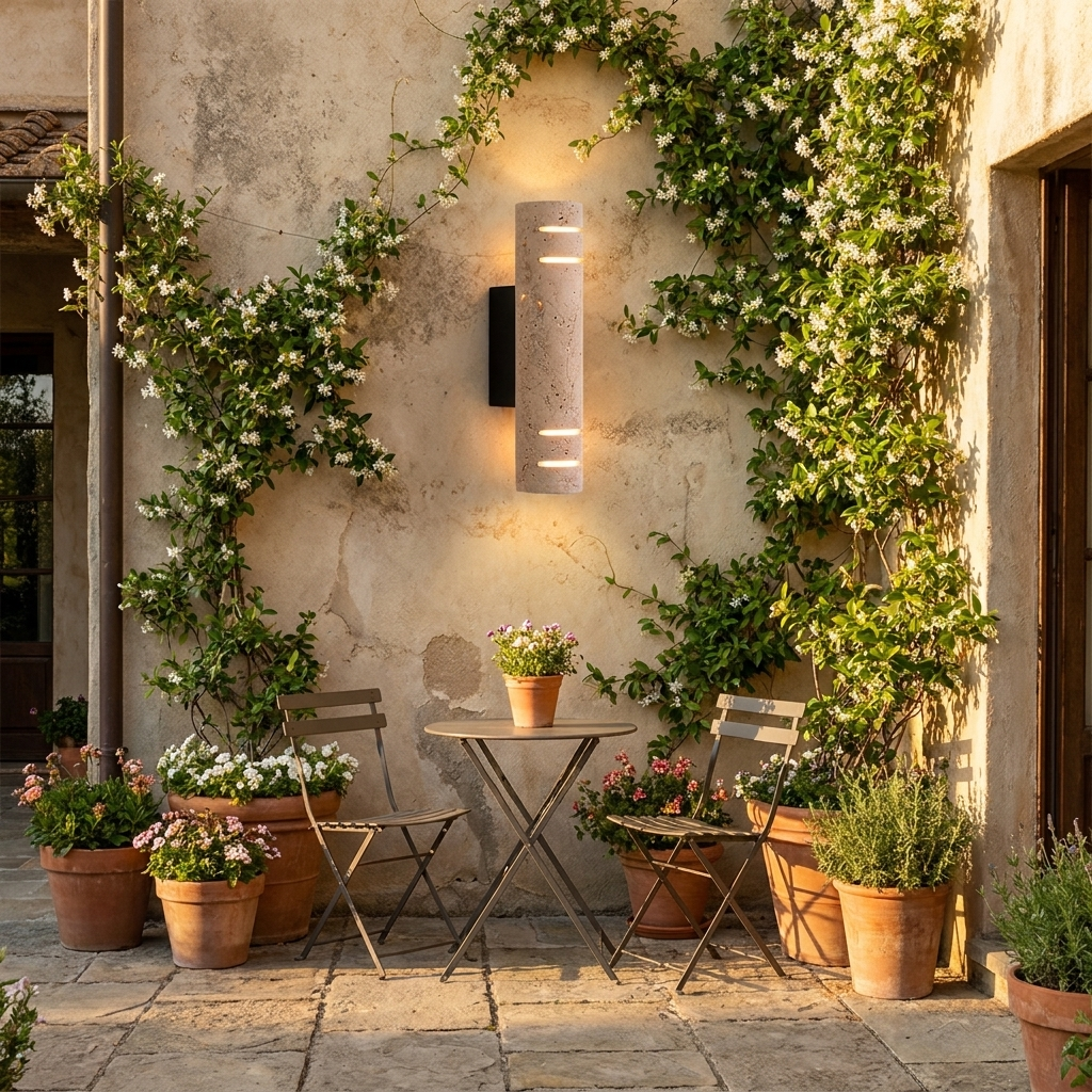 Travertine wall light on a plastered courtyard wall with jasmine and terracotta pots