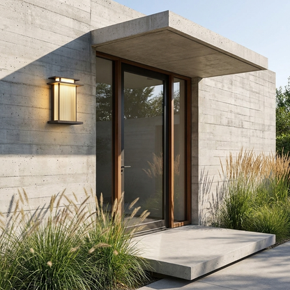 Black ribbed glass wall light on board formed concrete entry canopy in bright daylight