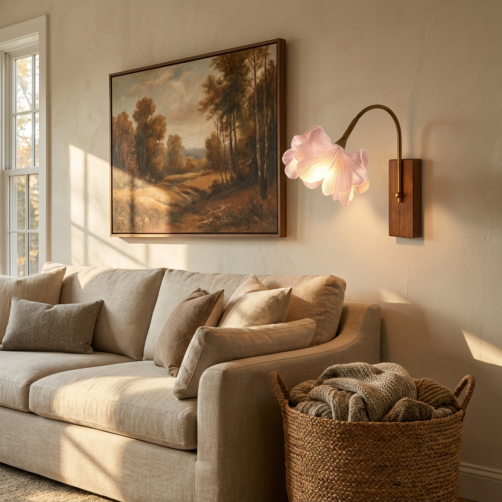 Blossom wall light beside framed landscape artwork in a sunlit living room