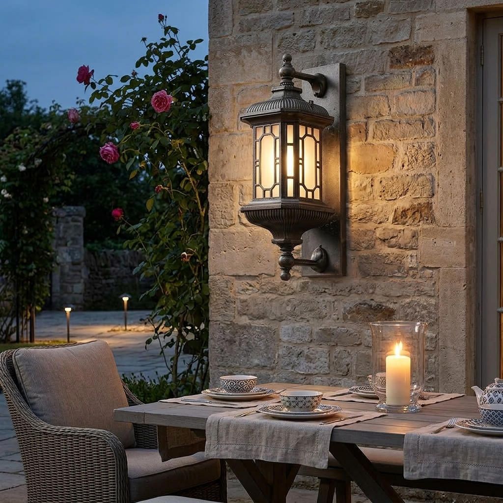 Outdoor lantern lighting a stone patio dining area with trestle table at blue hour