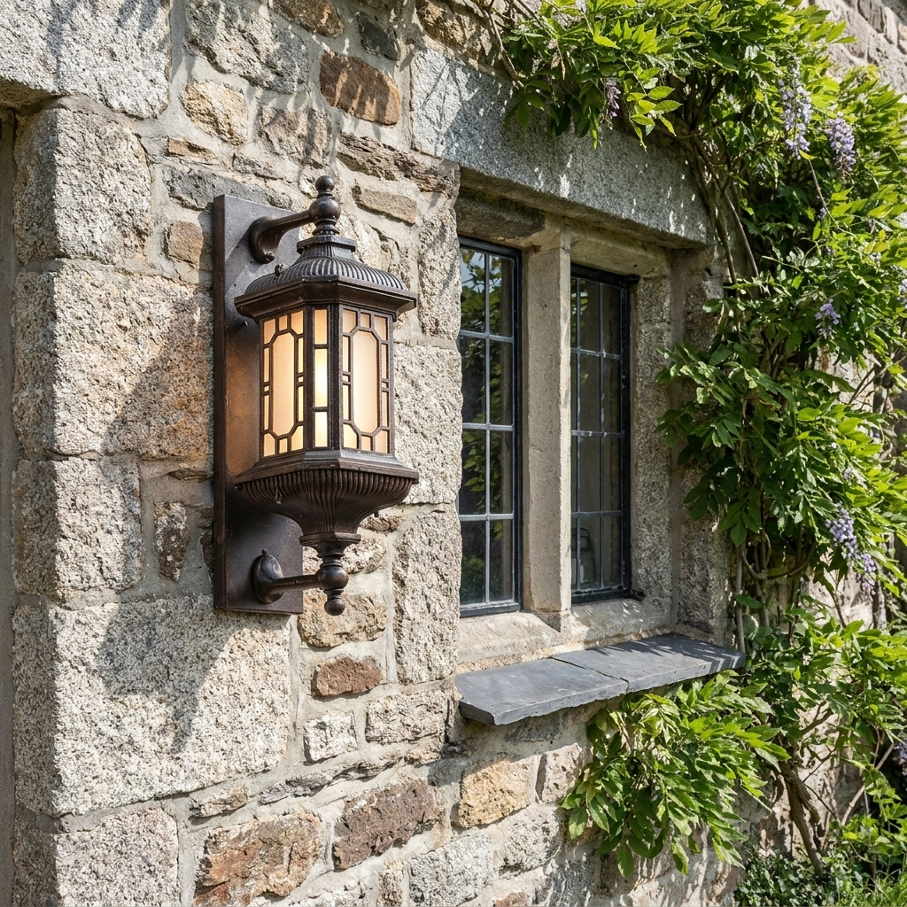 French lantern sconce on rough stone cottage wall beside mullioned window and wisteria