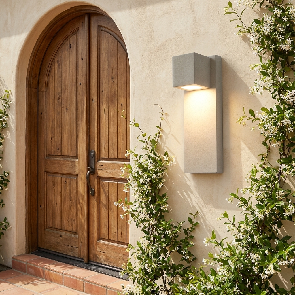 White geometric stone outdoor wall light on limewash facade beside arched door