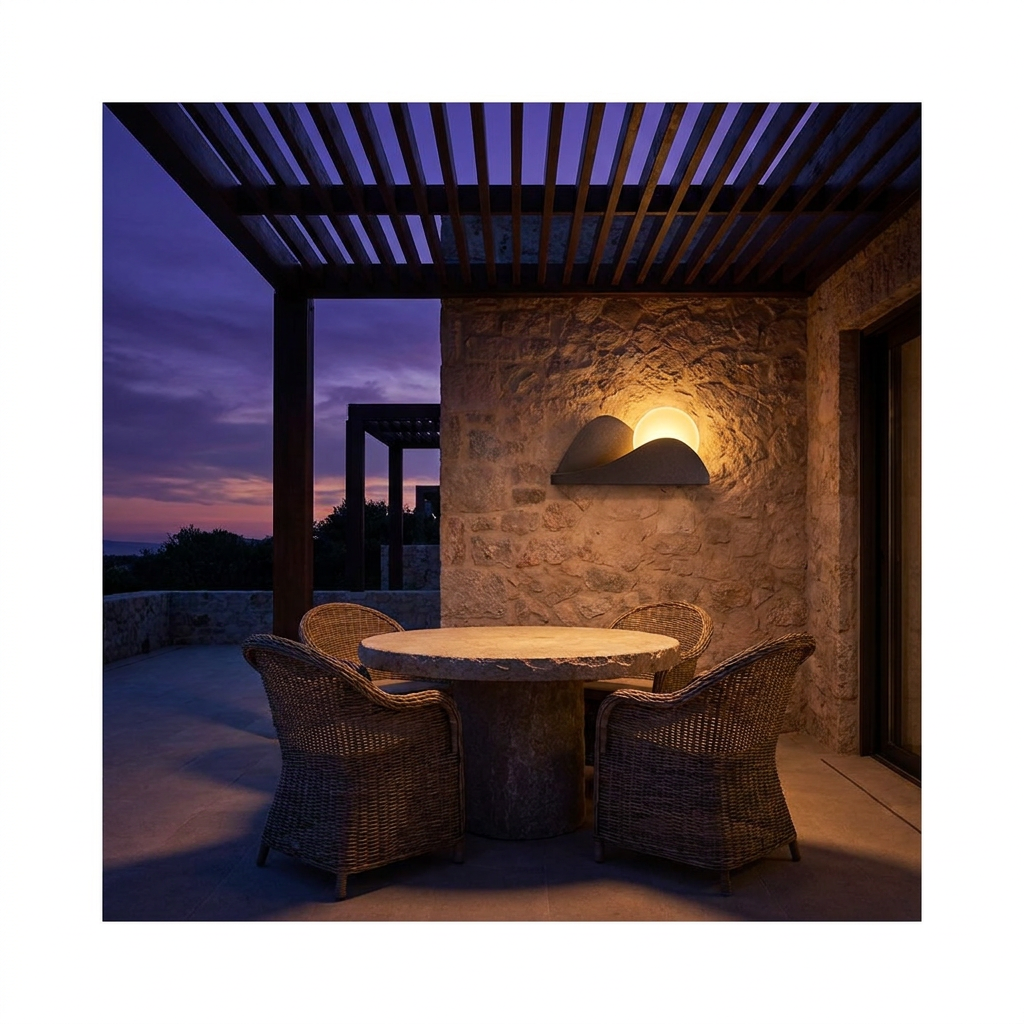 Solar outdoor wall light at twilight on a patio dining terrace under a slatted pergola