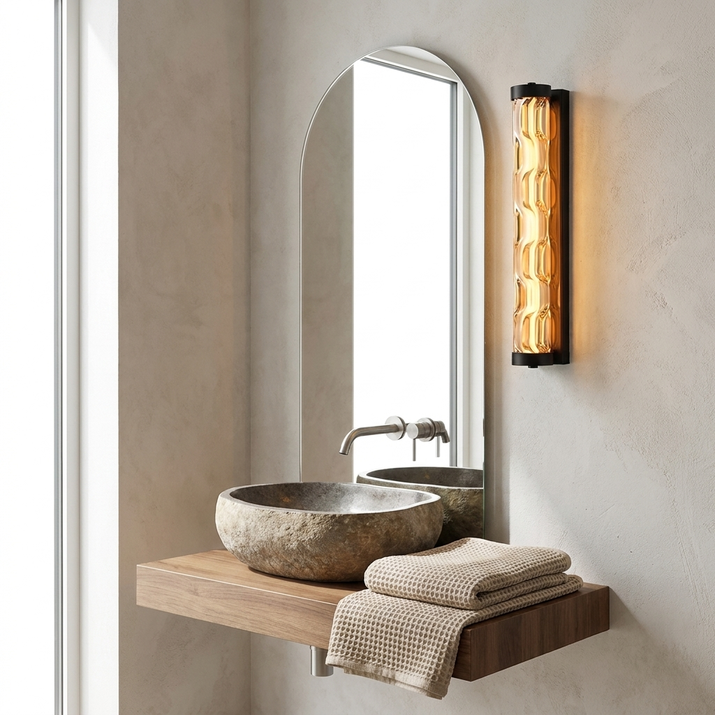 Clear glass linear wall sconce beside an arched mirror in a minimalist bathroom