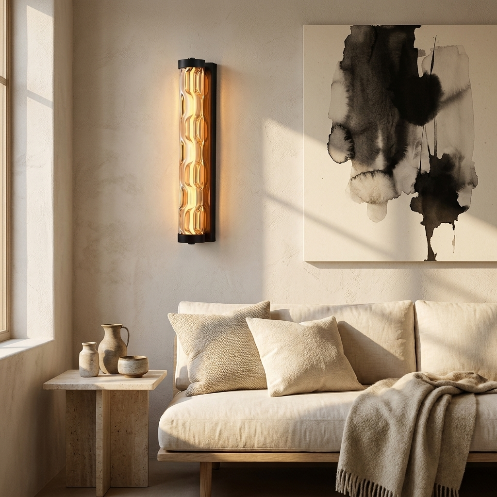 Clear glass linear sconce beside monochrome artwork in a modern living room