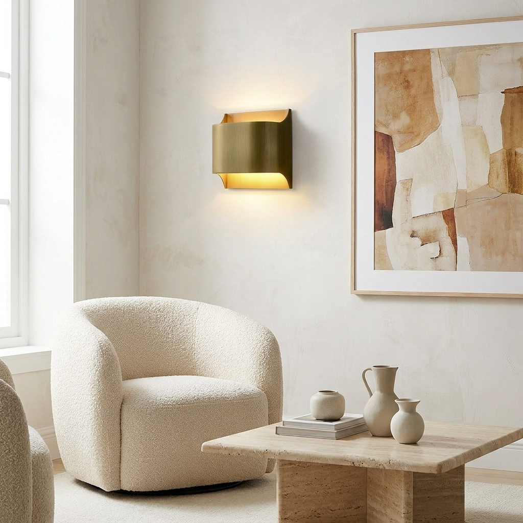 Sennen brass wall sconce wide round in a bright living room beside framed artwork