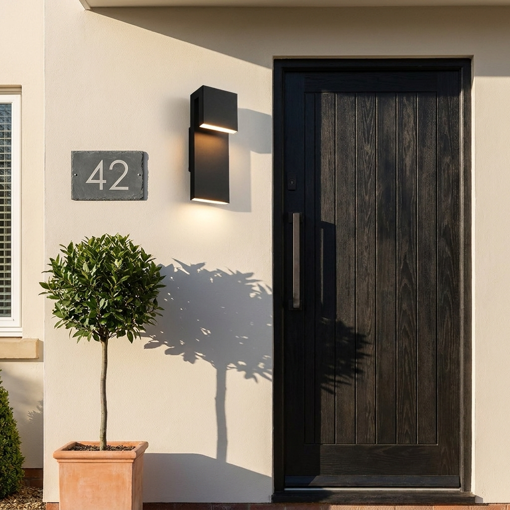 Honfleur industrial black outdoor wall light on a rendered house facade beside a front door